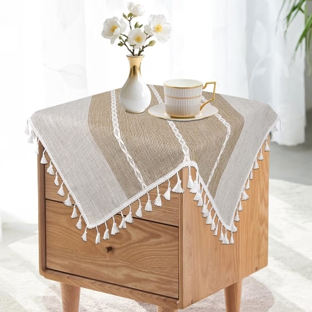 Chic Beige and White Table Cover with Tassels Size 24 X 24